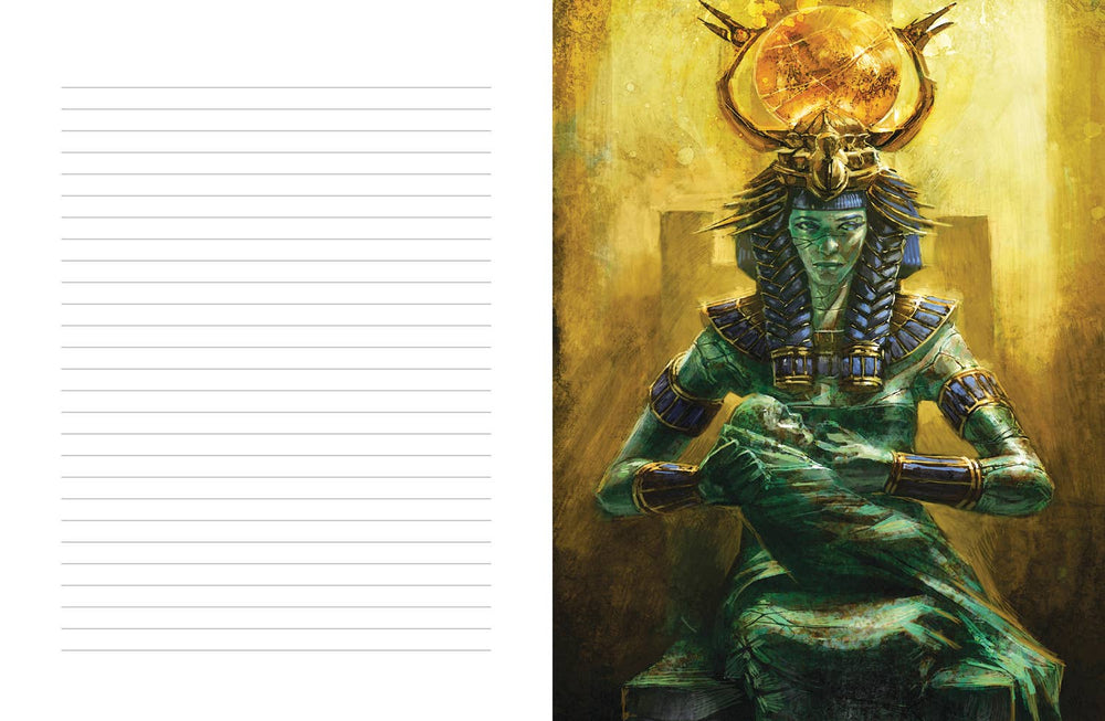 Interior spread of the Goddess Isis Journal showing a full-color Isis illustration by Jimmy Manton alongside a cream-colored lined journaling page