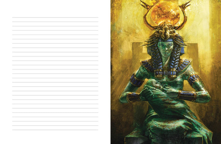 Interior spread of the Goddess Isis Journal showing a full-color Isis illustration by Jimmy Manton alongside a cream-colored lined journaling page
