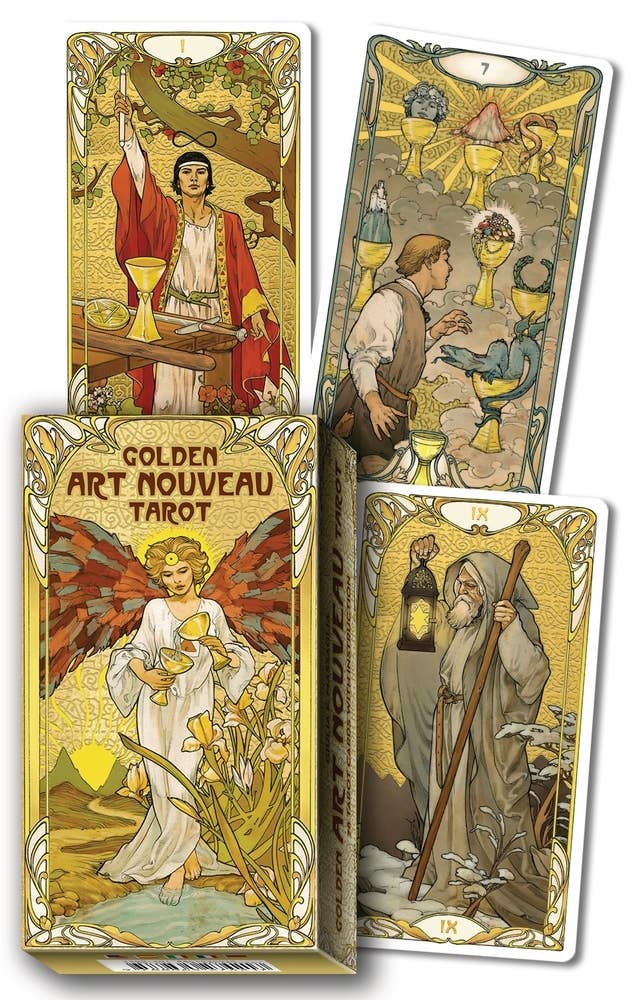 Golden Art Nouveau Tarot Gold Foil Edition — 78-card deck by Lo Scarabeo showing the box, The Magician, Seven of Cups, and The Hermit cards