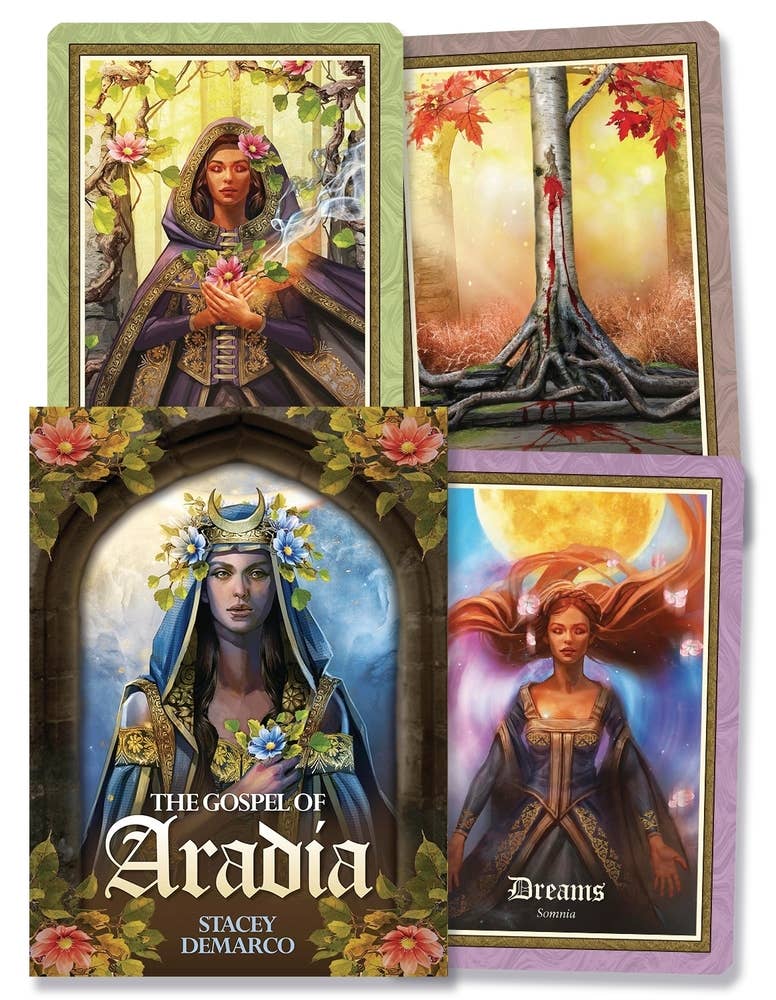 The Gospel of Aradia Oracle by Stacey Demarco – oracle card box displayed with several cards fanned out showing Jimmy Manton&
