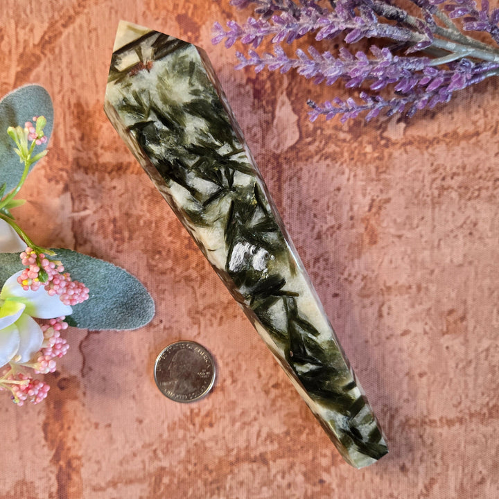 Green mica quartz wand point with quarter coin for size reference, approximately 7.5 inches, styled with botanicals