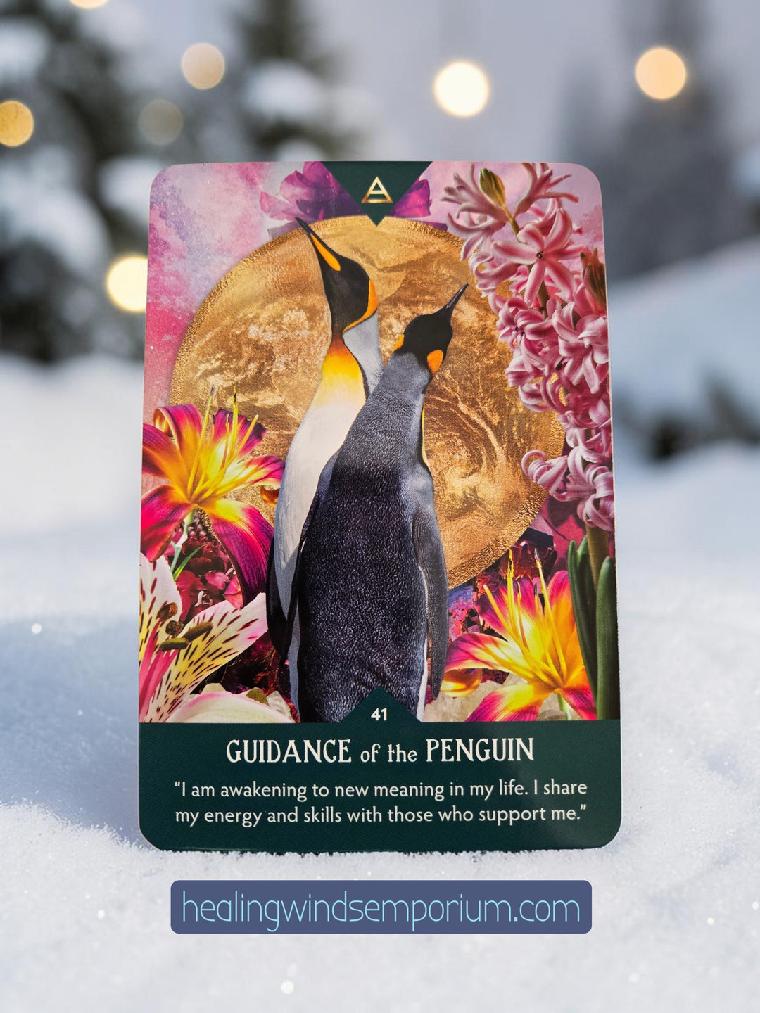 Guidance from Gaia Oracle – Penguin animal spirit guide card, ornate full-color illustration by Shannon Kaiser