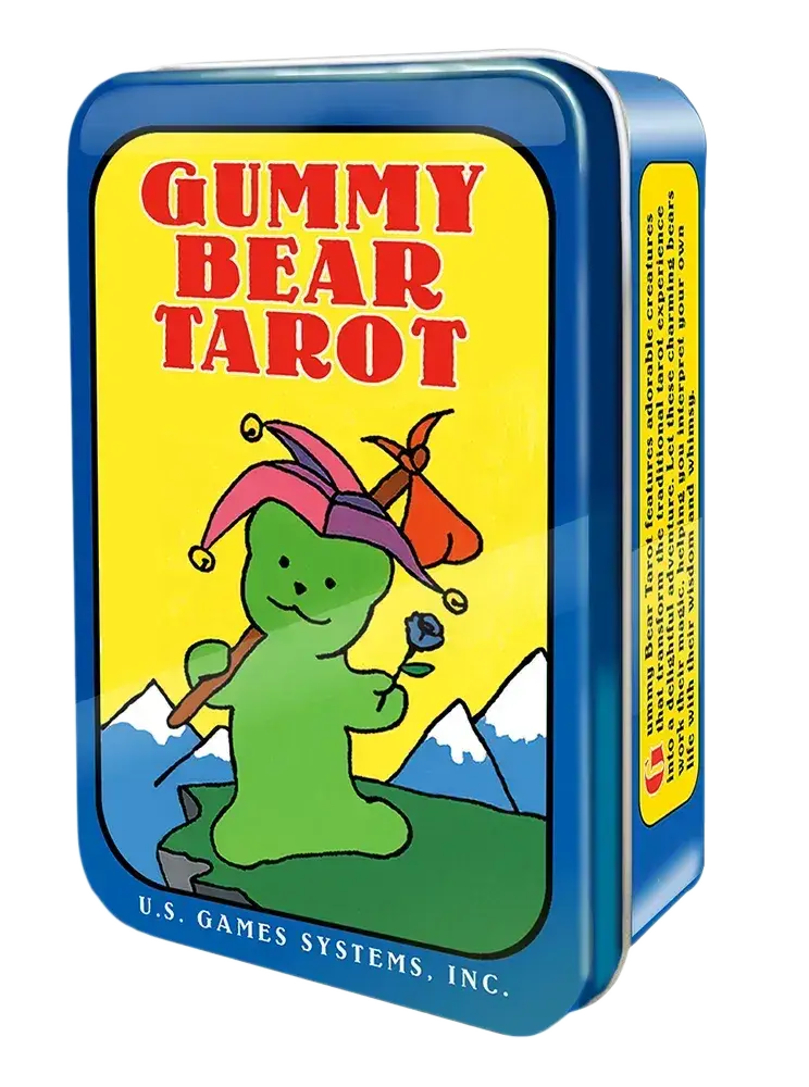 Gummy Bear Tarot blue storage tin, featuring a green gummy bear in a jester hat holding a flower and travel bundle.