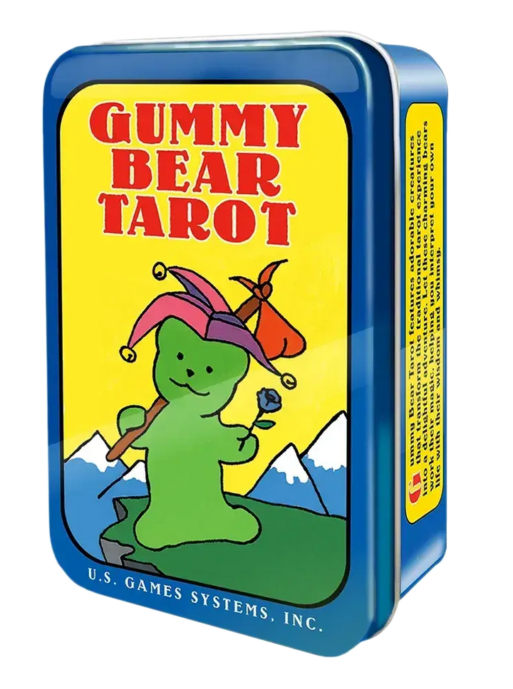 Gummy Bear Tarot blue storage tin, featuring a green gummy bear in a jester hat holding a flower and travel bundle.