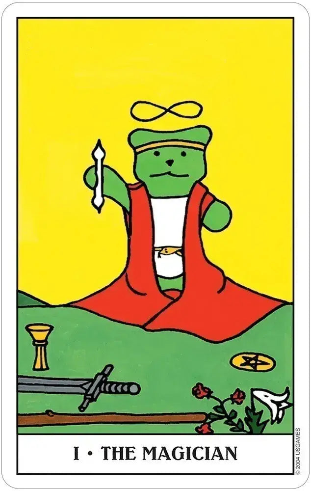 The Magician card from Gummy Bear Tarot, featuring a green bear in a red robe holding a wand beneath an infinity symbol.