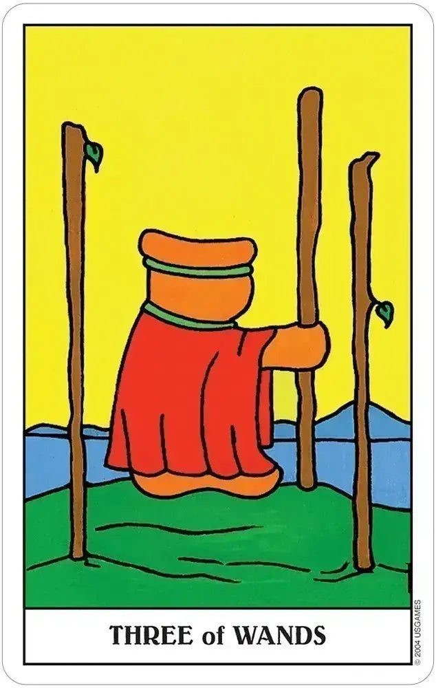 Three of Wands card from Gummy Bear Tarot, depicting an orange bear in a red cloak looking across the water between three wooden wands.