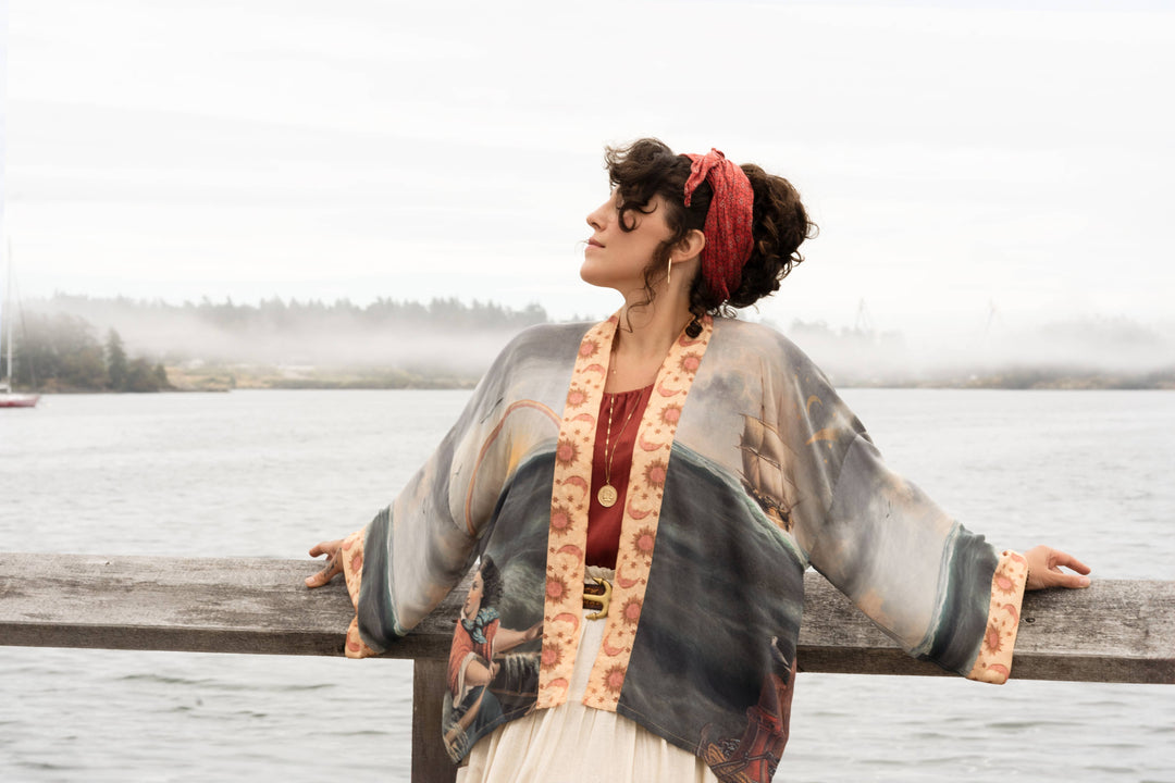 Model wearing Hold Fast vintage nautical boho kimono — one size, length 60cm