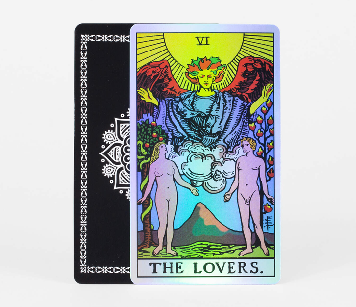 The Lovers Major Arcana holographic tarot card from Holo Tarot showing iridescent shimmer finish and black mandala card back