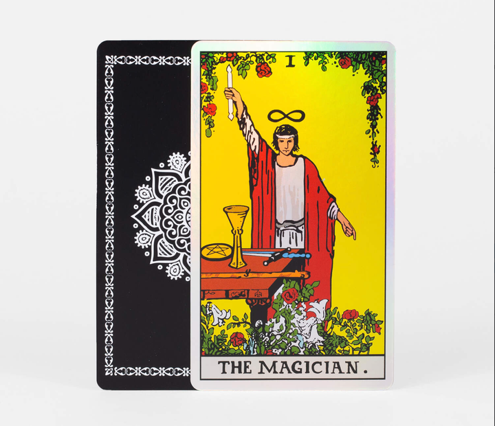 The Magician Major Arcana holographic tarot card from Holo Tarot showing iridescent finish and black mandala card back