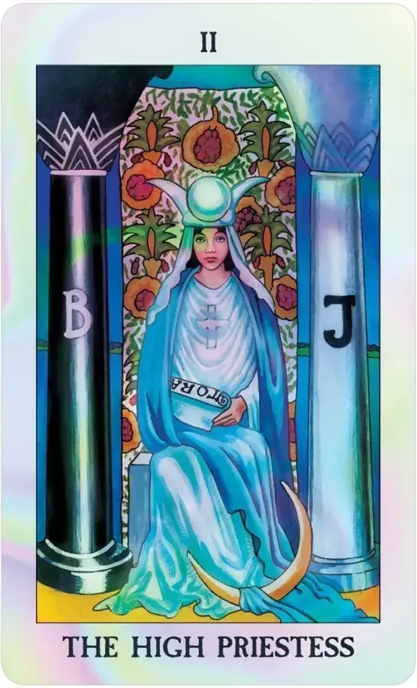 The High Priestess card from Reflective Tarot deck with holographic finish on Radiant Rider-Waite artwork
