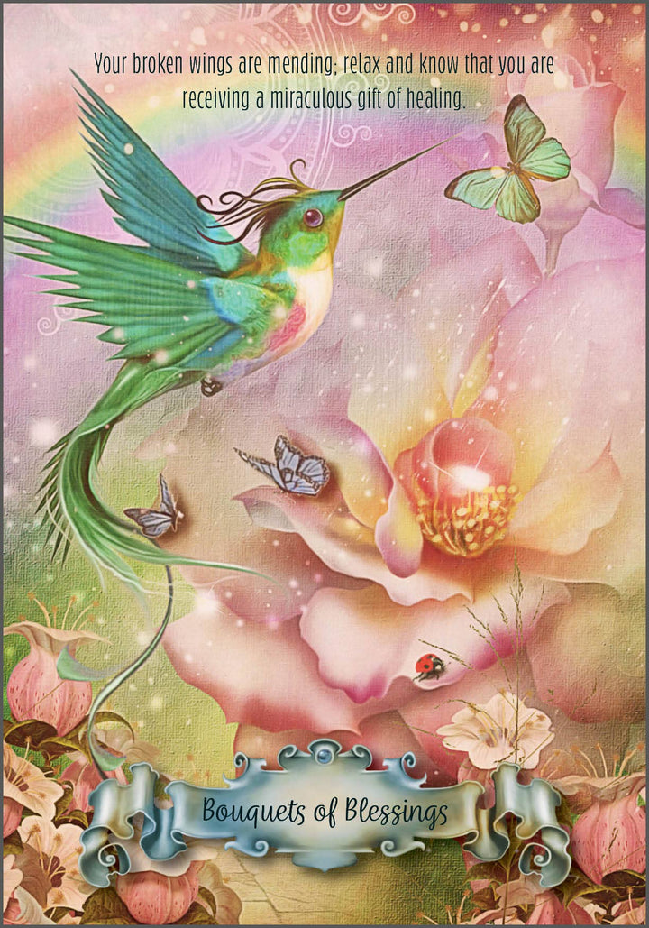 Hummingbird Wisdom Oracle card Bouquets of Blessings card with hummingbird symbolism