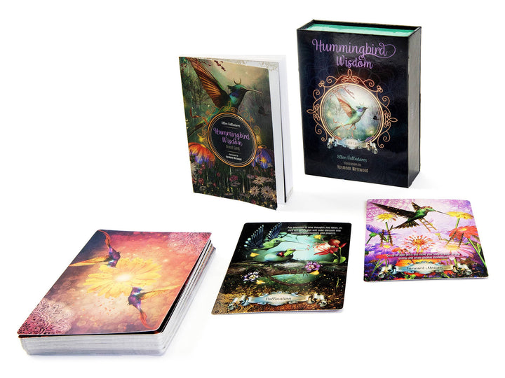 Hummingbird Wisdom Oracle cards spread showing cards, box, and guidebook