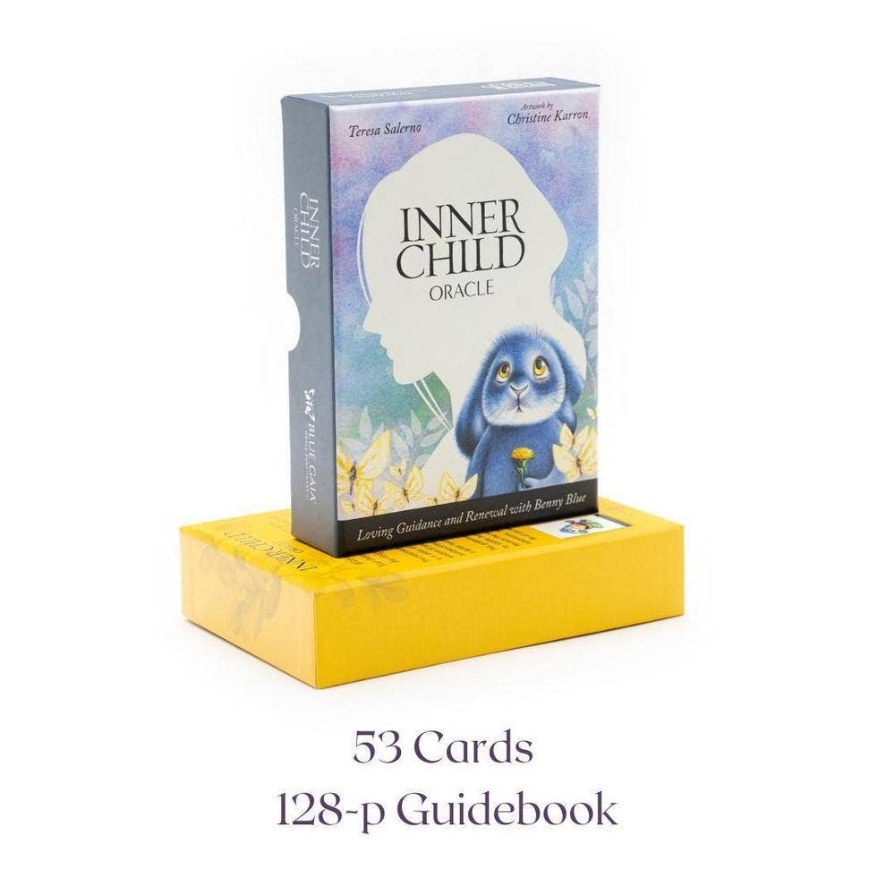 Inner Child Oracle deck box standing upright on the yellow 128-page guidebook, showing the full cover with Benny Blue holding a dandelion and the subtitle "Loving Guidance and Renewal with Benny Blue," with text overlay reading 53 Cards, 128-p Guidebook