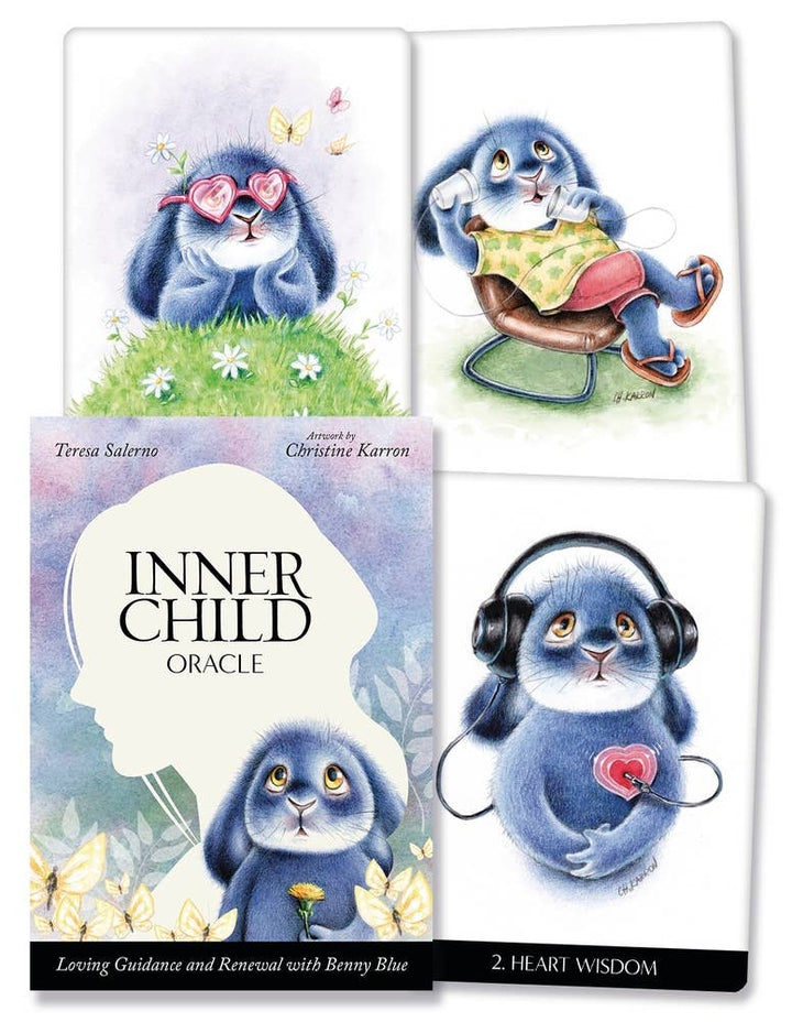Inner Child Oracle deck box by Teresa Salerno with artwork by Christine Karron, shown alongside three sample cards featuring Benny Blue the bunny — wearing heart sunglasses on a hillside, relaxing in a beach chair, and wearing headphones with a heart (card 2, Heart Wisdom) — on a white background