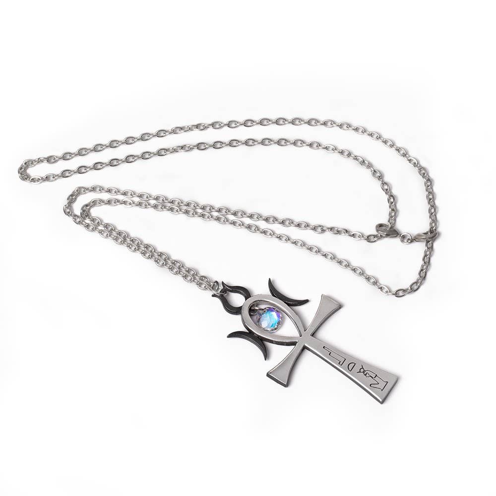 Witch Ankh of Menouthis pendant showing crescent moon symbols and intricate Egyptian hieroglyphic detail