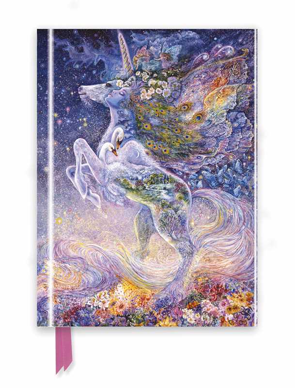 Soul of a Unicorn foiled journal by Josephine Wall — embossed hardcover featuring a celestial rearing unicorn with peacock feather wings, swans and wildflowers in luminous purple and gold tones