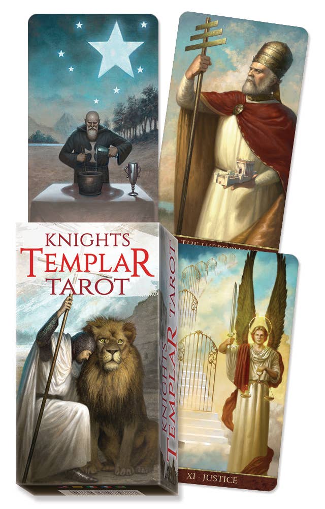 Knights Templar Tarot deck box with sample cards showing The Star, The Hierophant, and Justice — 78-card tarot by Lo Scarabeo
