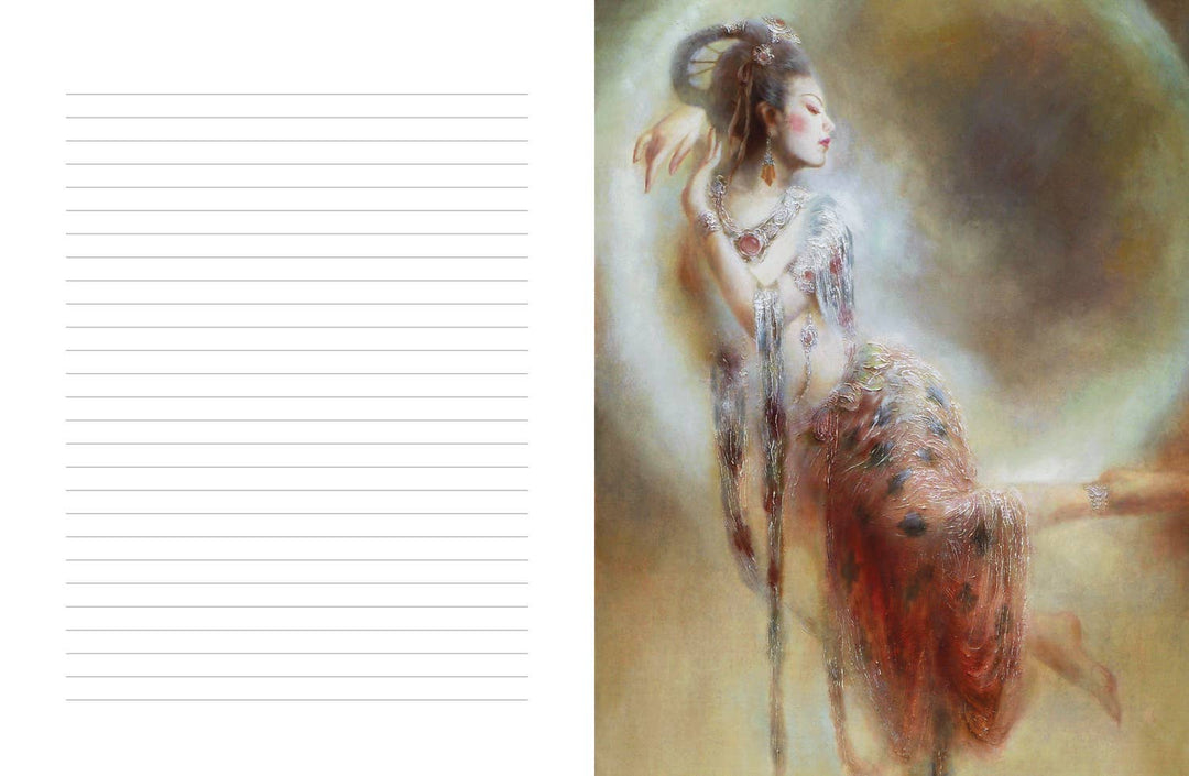 Kuan Yin Oracle Journal interior spread showing cream-colored lined journaling pages alongside a full-color Zeng Hao painting of Kuan Yin in flowing robes