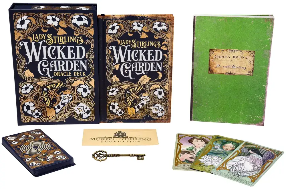 Lady Stirling's Wicked Garden Oracle deck by Matt Hughes with 32 gold foil cards, hardcover book, guidebook and skeleton key
