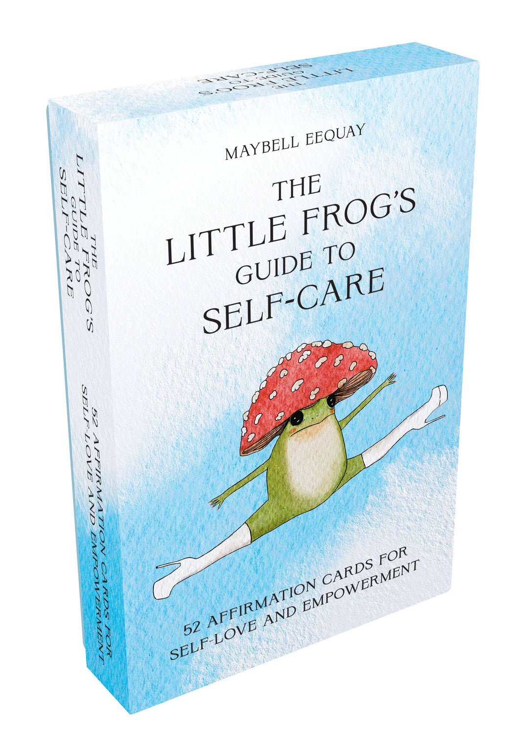 The Little Frog’s Guide to Self-Care card deck box by Maybell Eequay, featuring a mushroom-hatted frog doing the splits