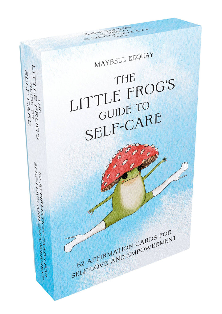 The Little Frog’s Guide to Self-Care card deck box by Maybell Eequay, featuring a mushroom-hatted frog doing the splits