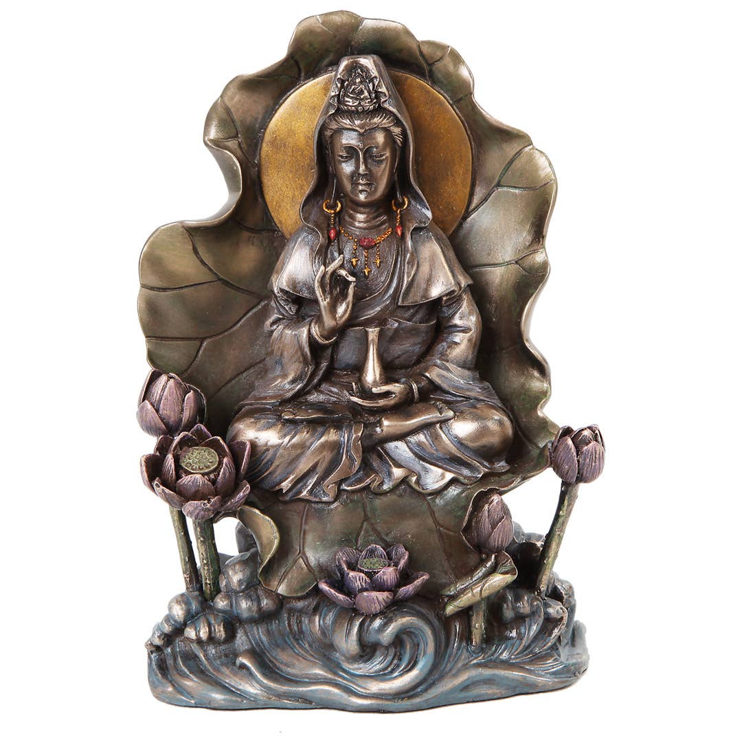 Lotus Kuan Yin goddess figurine in faux bronze finish — cold cast resin Bodhisattva of Compassion seated in lotus position with sacred water vessel, 9.1 inches tall