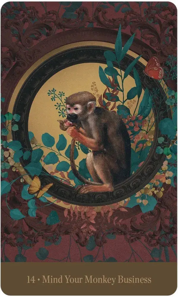Love Who You Are Oracle Card 14 — Mind Your Monkey Business, featuring a capuchin monkey in a dark ornate oval frame surrounded by teal botanical foliage