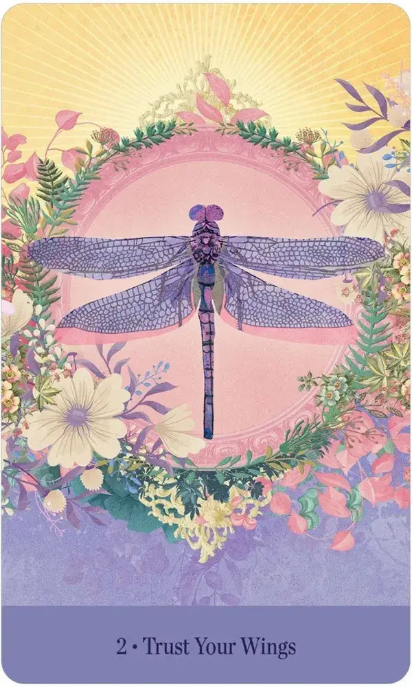 Love Who You Are Oracle Card 2 — Trust Your Wings, featuring a large purple dragonfly in a pink oval floral frame against a soft yellow sunburst background