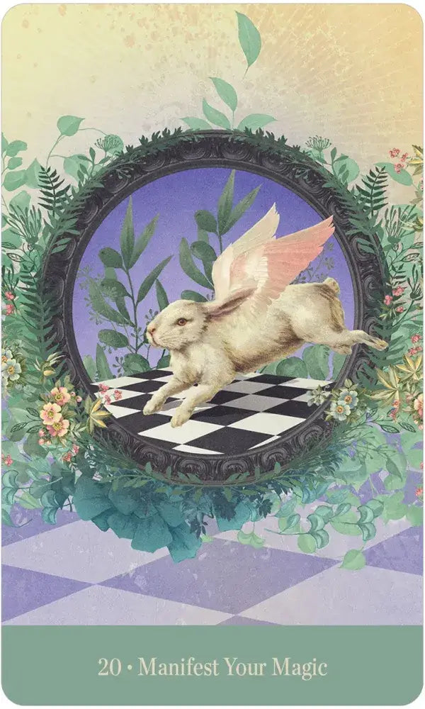 Love Who You Are Oracle Card 20 — Manifest Your Magic, featuring a white winged rabbit leaping through a black ornate mirror portal in a lush green botanical setting