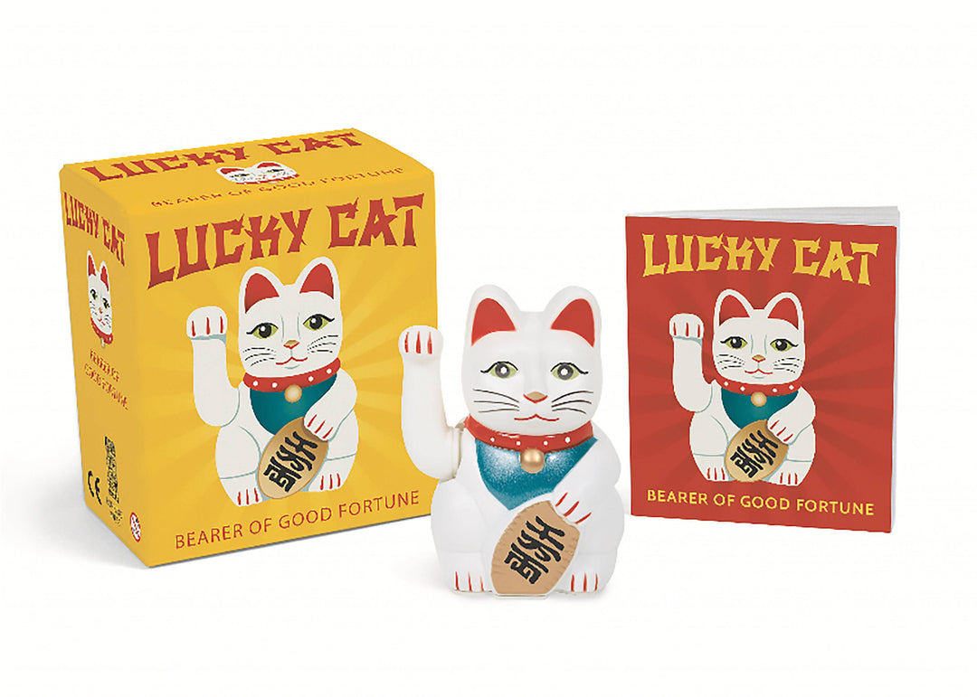 Motorized Lucky Cat maneki-neko figure with waving arm, illustrated history booklet, and packaging box — Lucky Cat Bearer of Good Fortune set