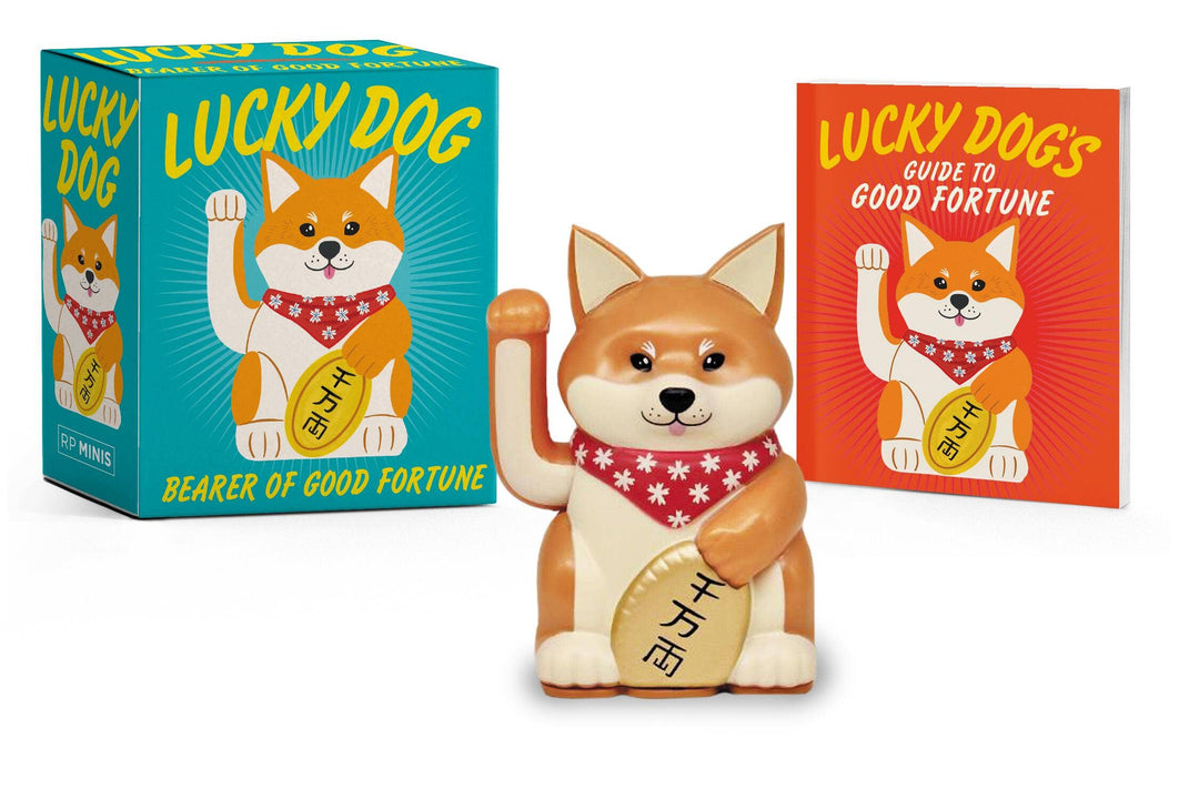 Motorized Lucky Dog figure with waving arm, illustrated history booklet, and packaging box — Lucky Dog Bearer of Good Fortune set