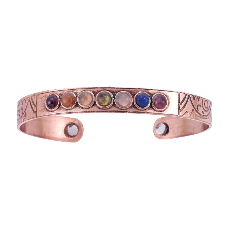 Adjustable copper bangle with magnetic therapy and chakra colored stones