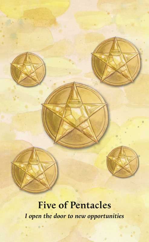 Five of Pentacles Manifestation Tarot card by Jayne Wallace — five golden pentacle coins on soft yellow watercolor background, mantra: I open the door to new opportunities