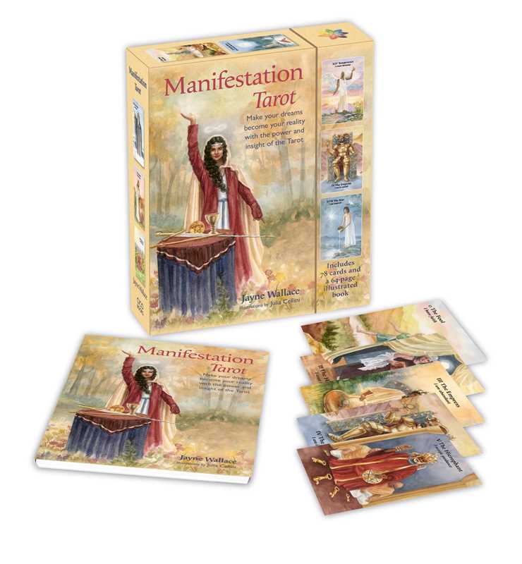 Manifestation Tarot deck box, guidebook and fanned cards by Jayne Wallace — full set on white background showing The Fool, The Empress, The Emperor and more