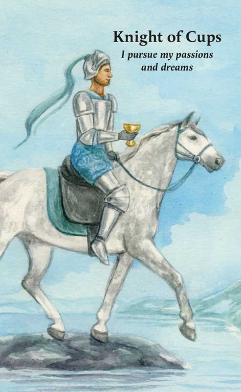 Knight of Cups Manifestation Tarot card by Jayne Wallace — armored knight on white horse with gold chalice, mantra: I pursue my passions and dreams