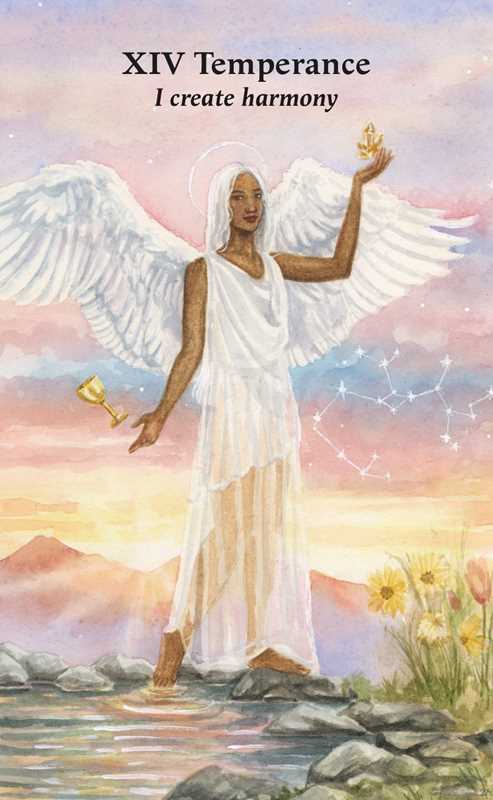 Temperance Manifestation Tarot card by Jayne Wallace — angelic winged figure at water&