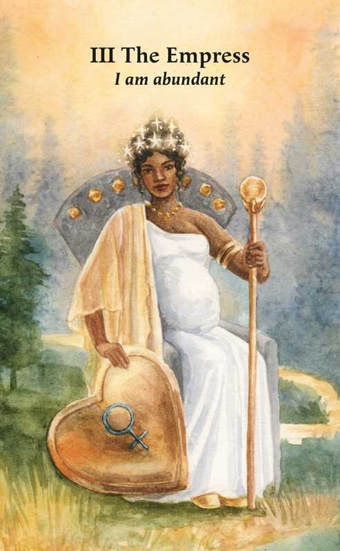 The Empress Manifestation Tarot card by Jayne Wallace — abundant figure in white gown with crown and scepter, mantra: I am abundant
