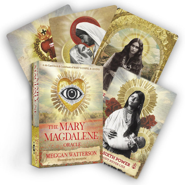 The Mary Magdalene Oracle deck box with 44 cards fanned out showing sacred feminine artwork