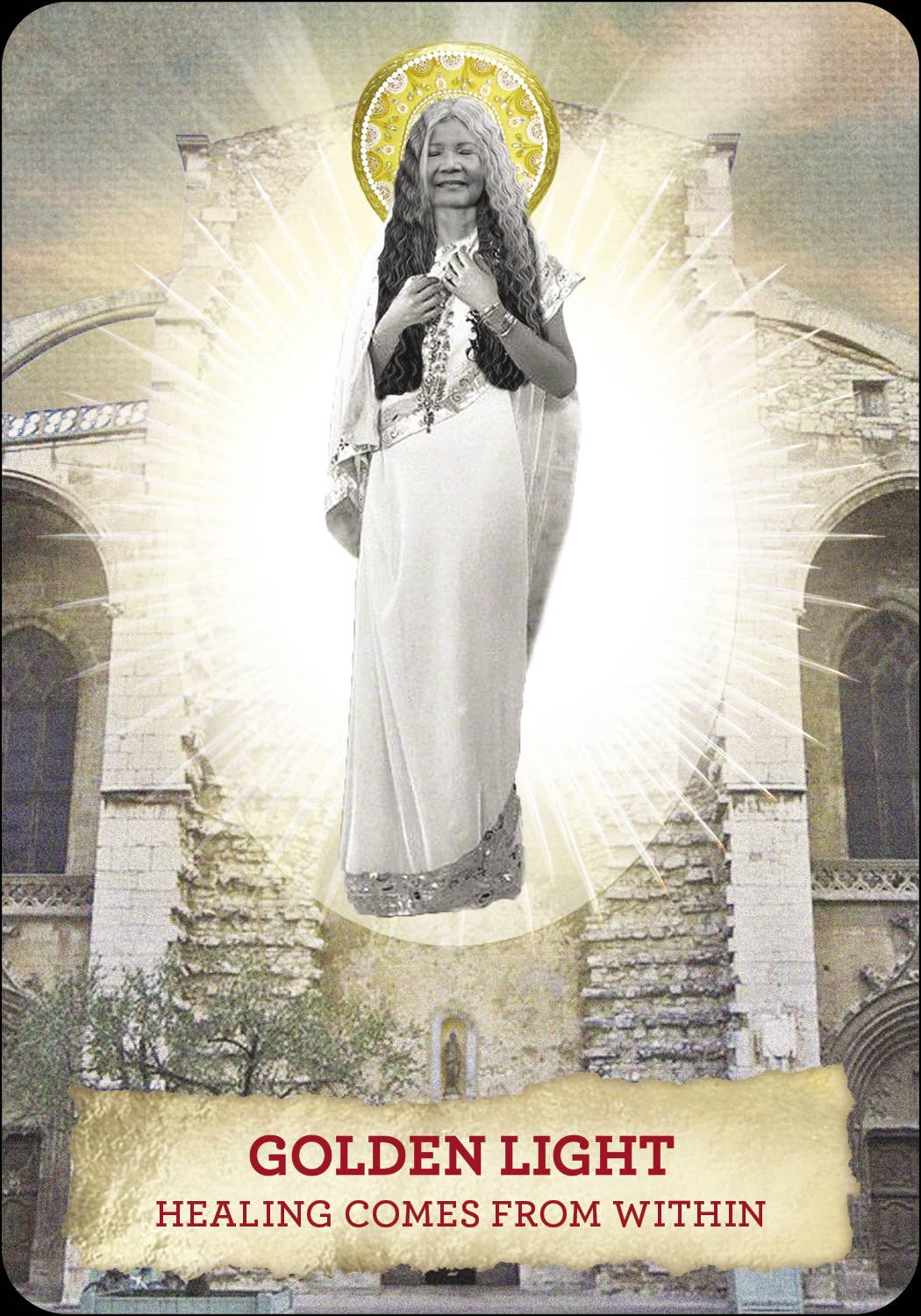 Close-up of a Mary Magdalene Oracle card Golden Light featuring original artwork 