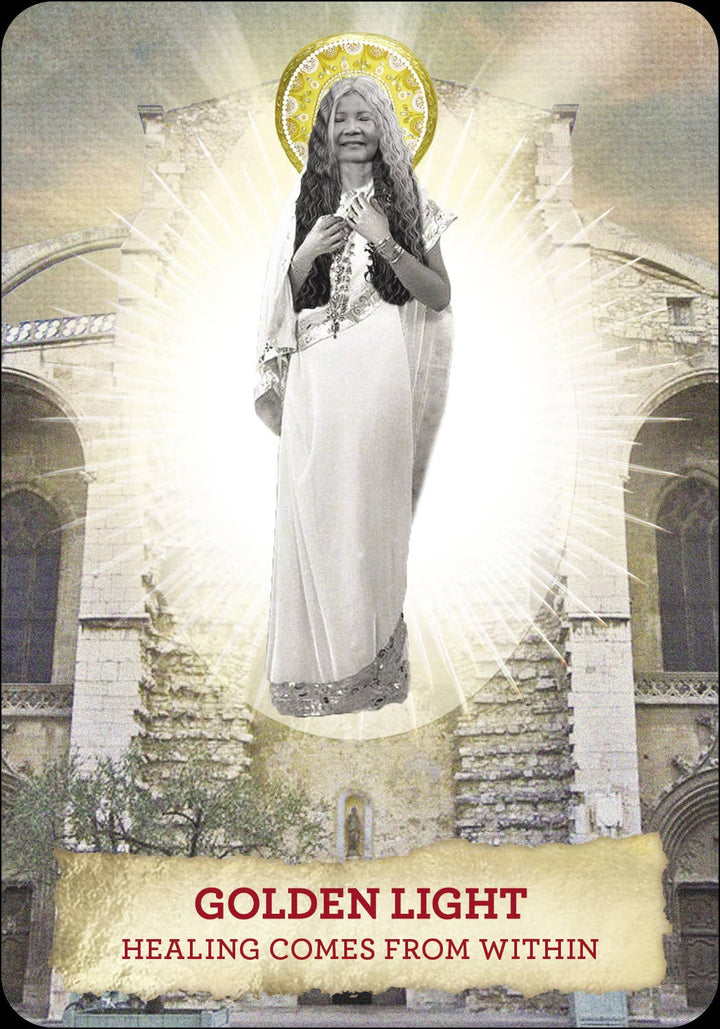 Close-up of a Mary Magdalene Oracle card Golden Light featuring original artwork 