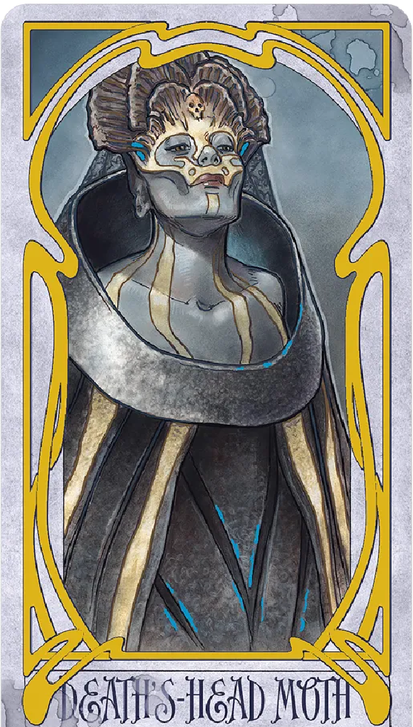 Matt Hughes art nouveau style botanical artwork of Deaths Head Moth  on Wicked Garden Oracle card featuring garden spirit
