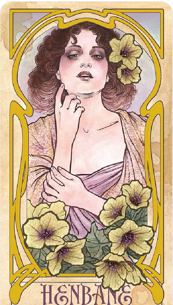 Matt Hughes art nouveau style botanical artwork on Wicked Garden Oracle card featuring garden spirit of Henbane