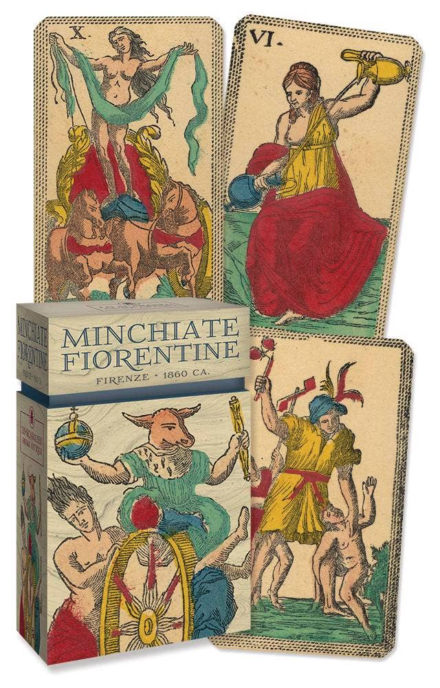 Minchiate Fiorentine Tarot Anima Antiqua — deck box labeled Firenze 1860 ca. with three fanned cards showing the Wheel of Fortune, a standing female figure, and a warrior