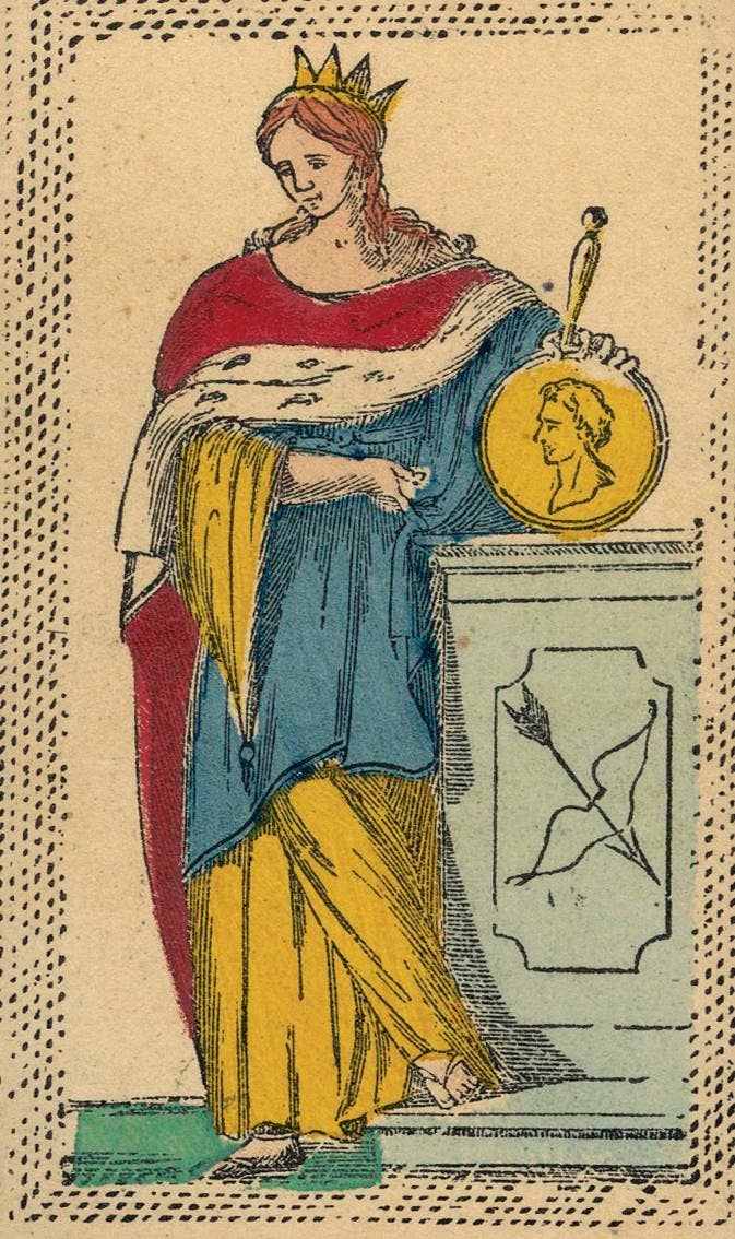 Minchiate Fiorentine Tarot court card showing a crowned queen in red and blue robes holding a golden medallion, hand-colored antique engraving style