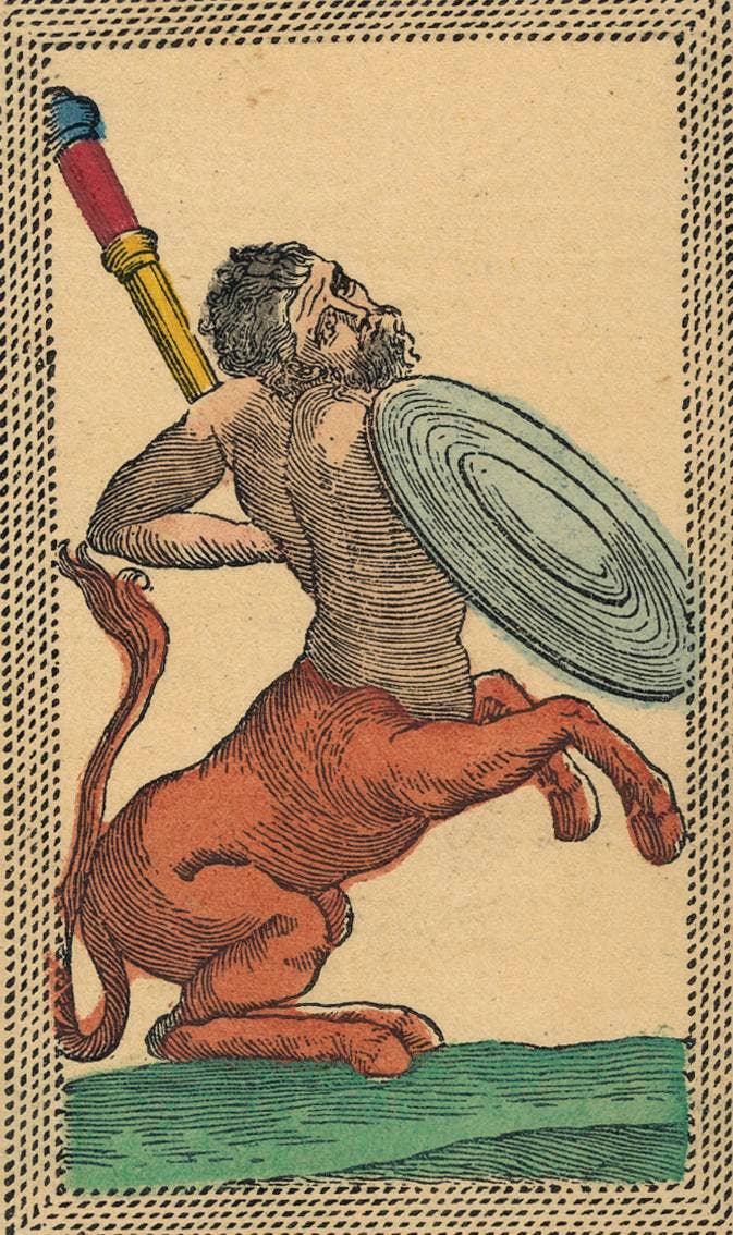 Minchiate Fiorentine Tarot Sagittarius trump card — a centaur warrior with a lance and shield, one of the unique astrological cards exclusive to the 97-card Minchiate system