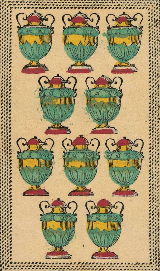 Minchiate Fiorentine Tarot Ten of Cups — ten ornate teal and gold urns arranged in a classic pip layout, reproduced from the 1860 Florentine original