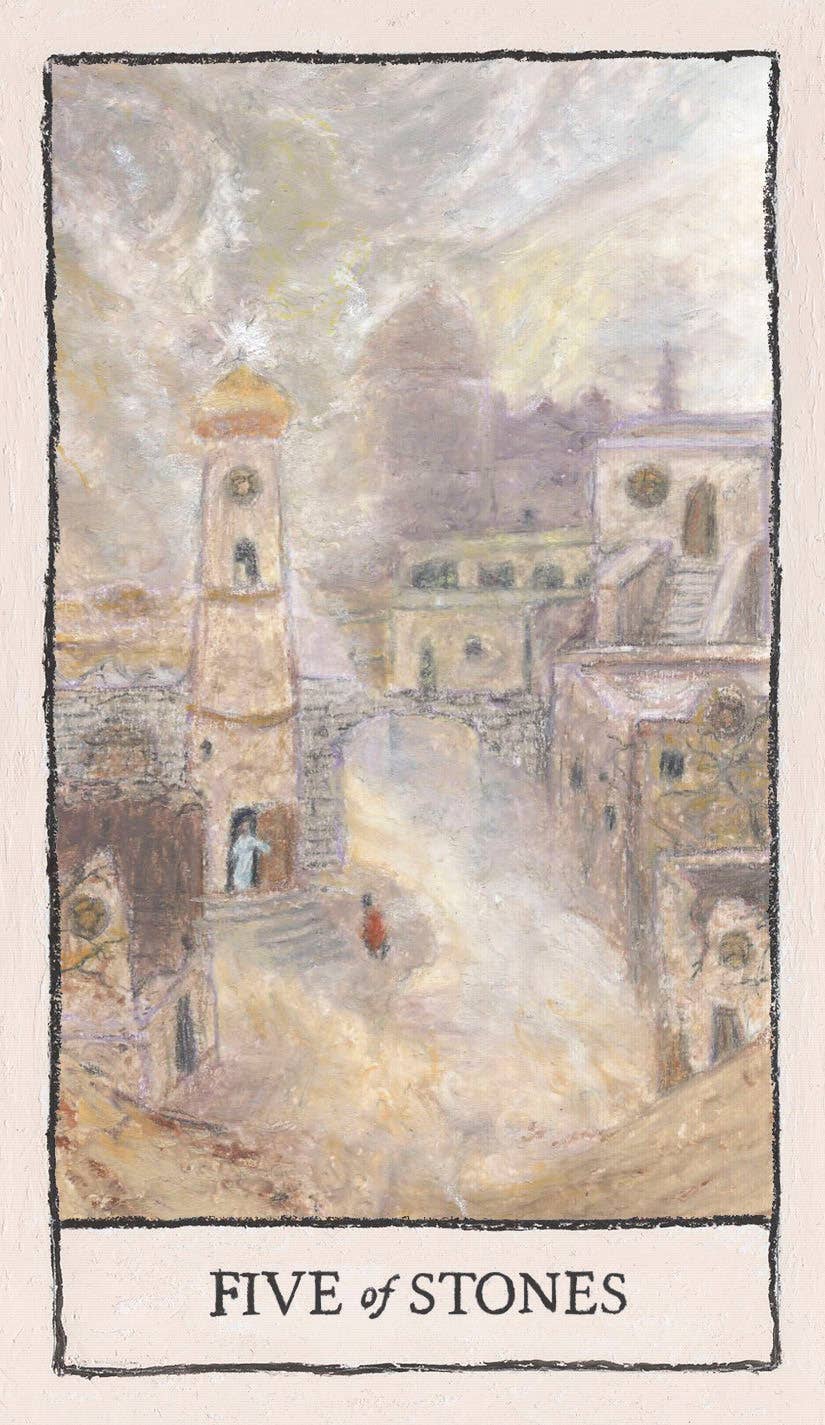 5 of Stones card from Mindscapes Tarot by John A. Rice — oil pastel tarot deck