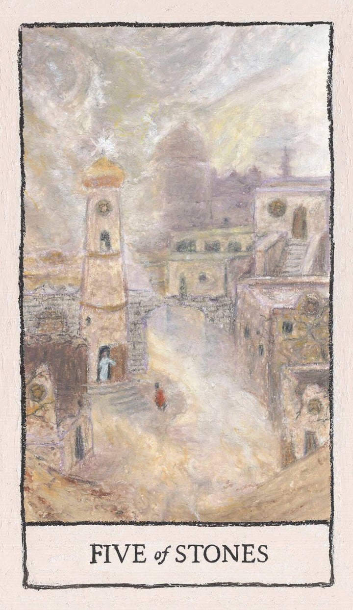 5 of Stones card from Mindscapes Tarot by John A. Rice — oil pastel tarot deck
