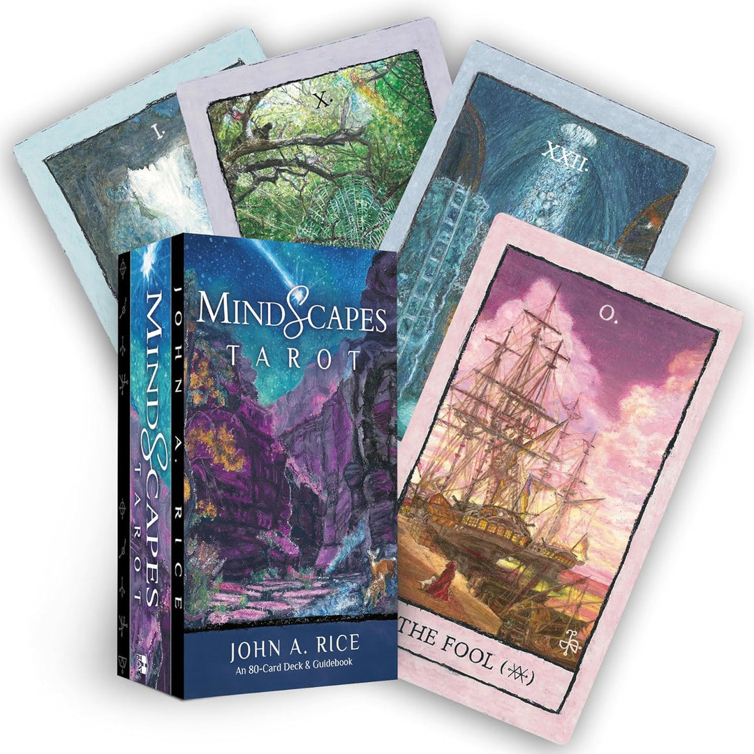 Mindscapes Tarot by John A. Rice — box with 80 hand-painted oil pastel tarot cards fanned out