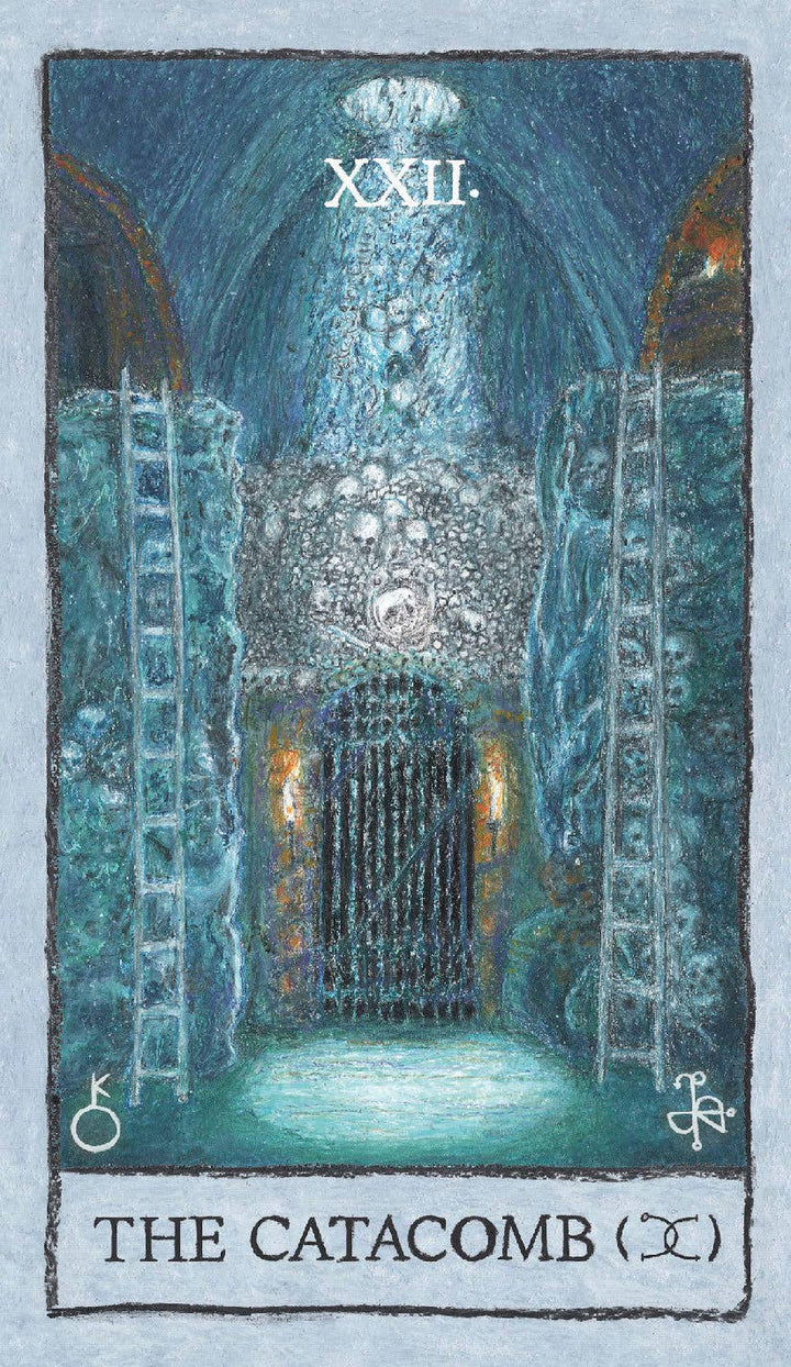 The Catacomb card from Mindscapes Tarot by John A. Rice — oil pastel tarot deck